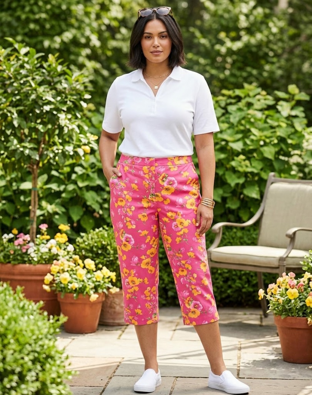 Emma James Stretch Capris Pant Pleated Front Bright Pink Floral Cotton Size 12